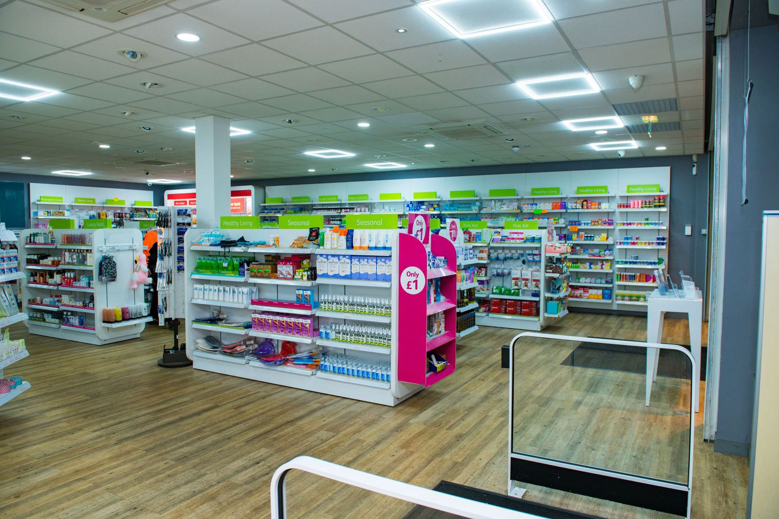 Inside a bright, modern community pharmacy